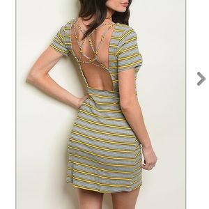 Gray & gold stripe round neck tunic mini dress.